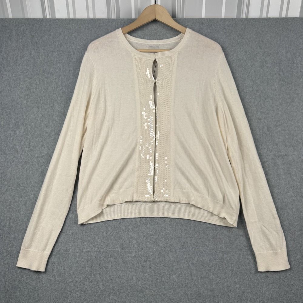 Nic+Zoe Cardigan Womens Large Cream Sequin Embellished Sweater Knit NEW $178